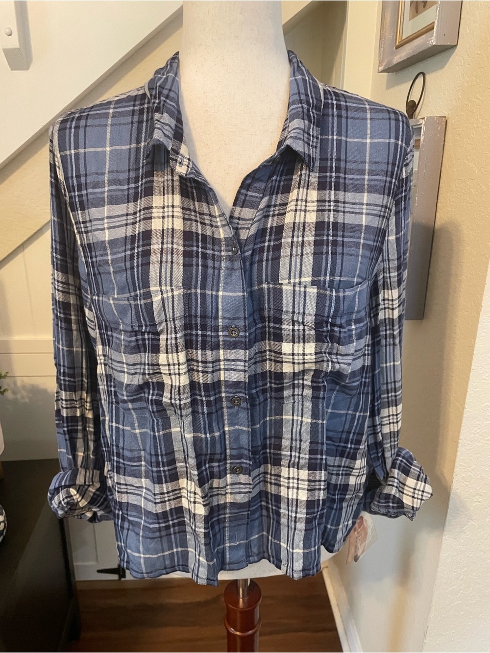 Mudd Blue Plaid Button Front Hi-Low Flannel Blouse Size L NWT